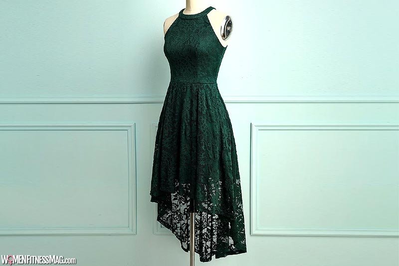 Dark Green Knee Length Lace Dress